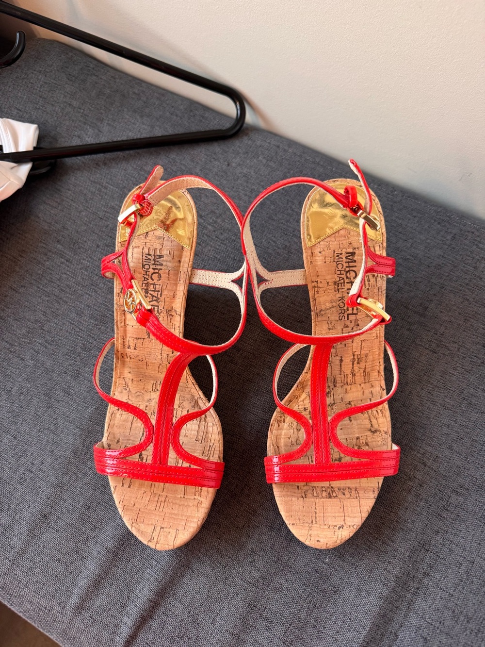 Michael Kors Red Strappy Cork Sandals with Gold Accents